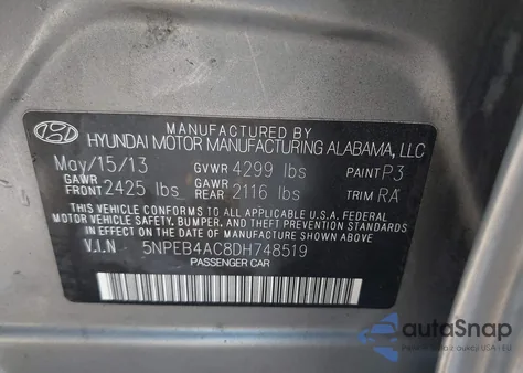 2013 Hyundai Sonata Gls из США, поврежденный, VIN 5NPEB4AC8DH748519